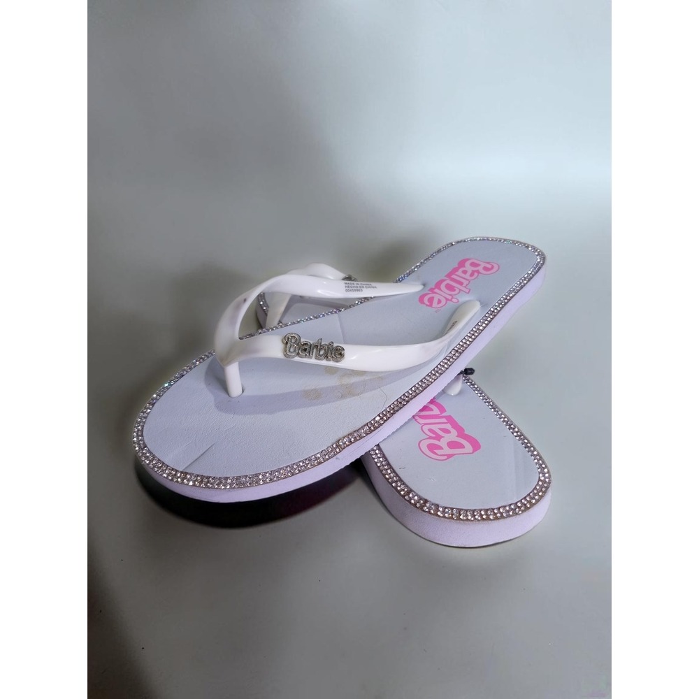 Barbie White Rhinestone Flip Flop Sandals Pink Logo Charm Women Size Large 9-10 - Picture 1 of 5